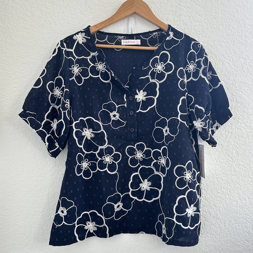 Ana & Rose Henley Floral Dobby Swiss Dot Embroidered Boho Fairy Top Sz L S/S NWT
